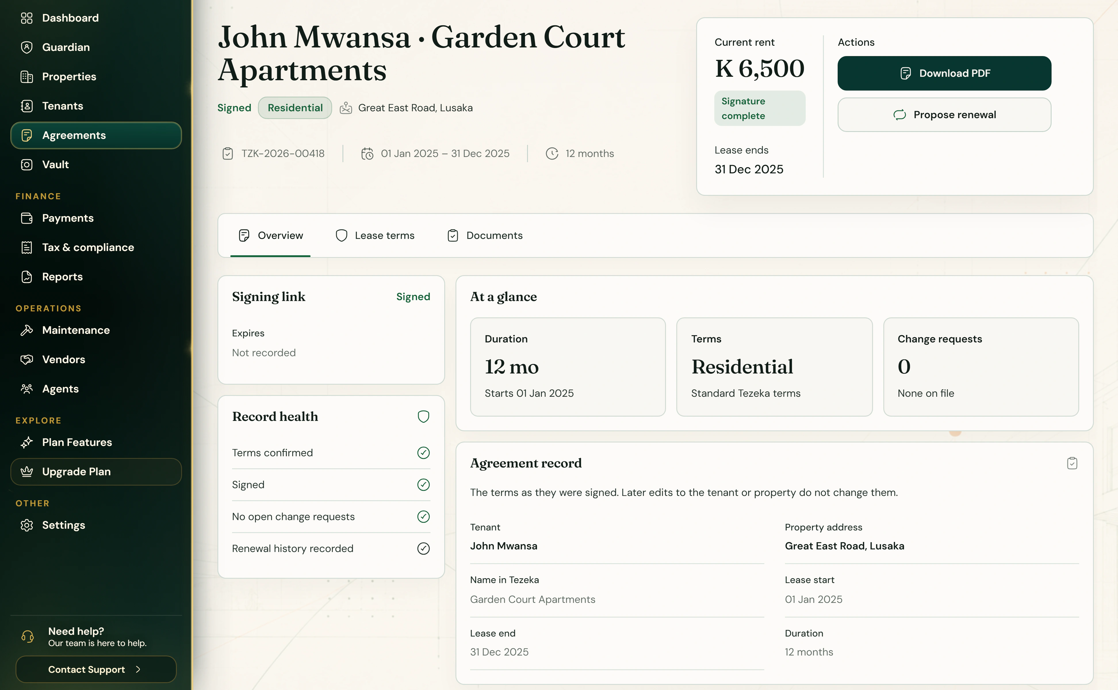 John Mwansa’s signed agreement for Garden Court Apartments in Tezeka: signature complete, current rent, lease dates and record health checks. Demo data.