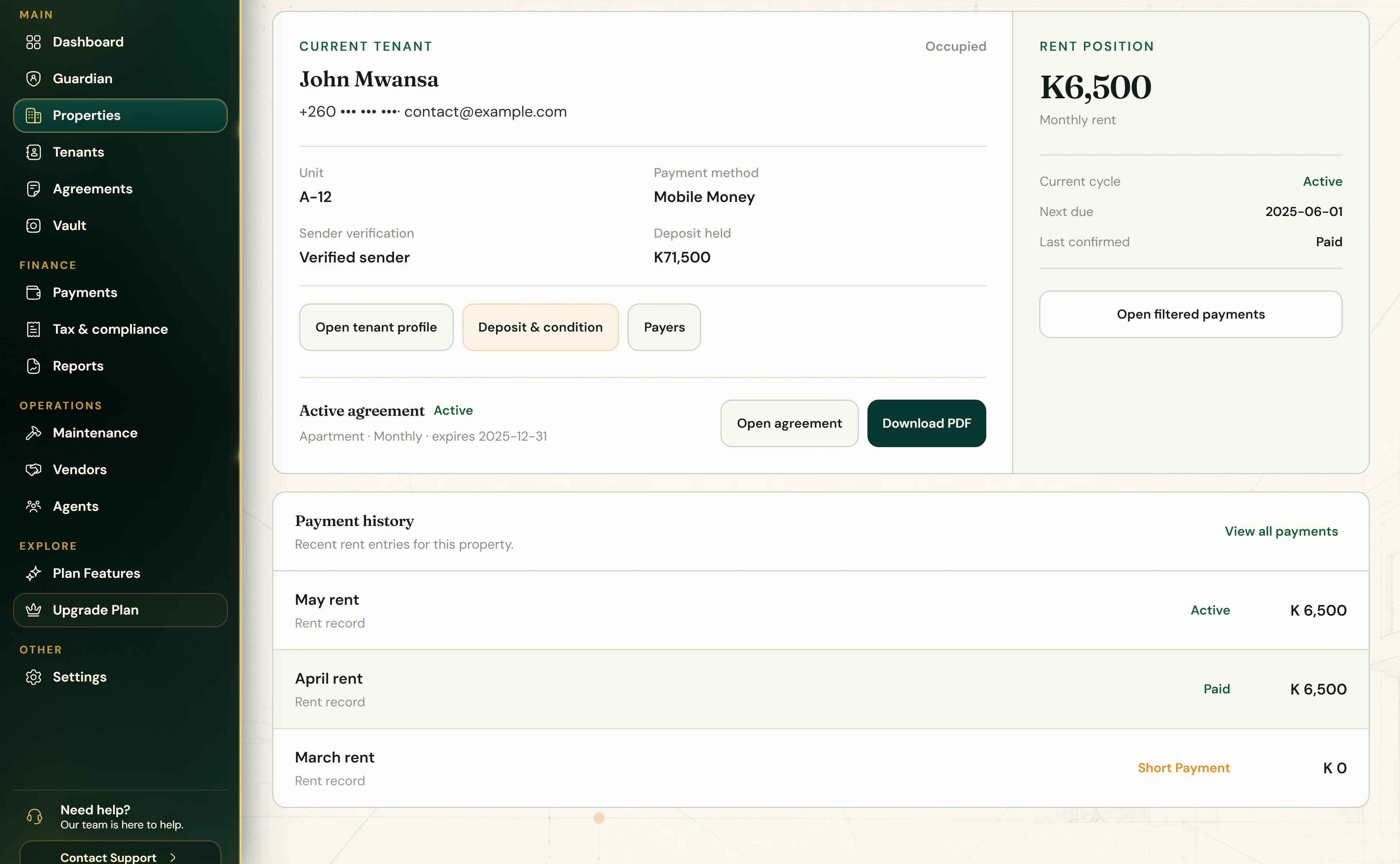 Garden Court Apartments in Tezeka: the current tenant, unit A-12, mobile money as the payment method, the deposit held, the rent position and the payment history. Demo data.