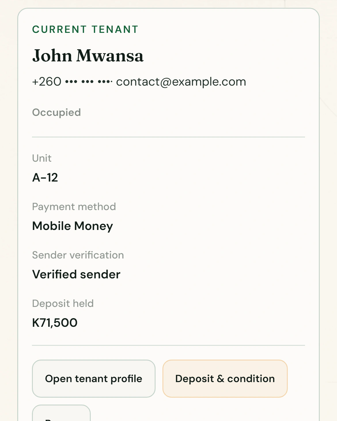 The current tenant on a Tezeka property record: unit A-12, mobile money, a verified sender and the deposit held. Demo data.