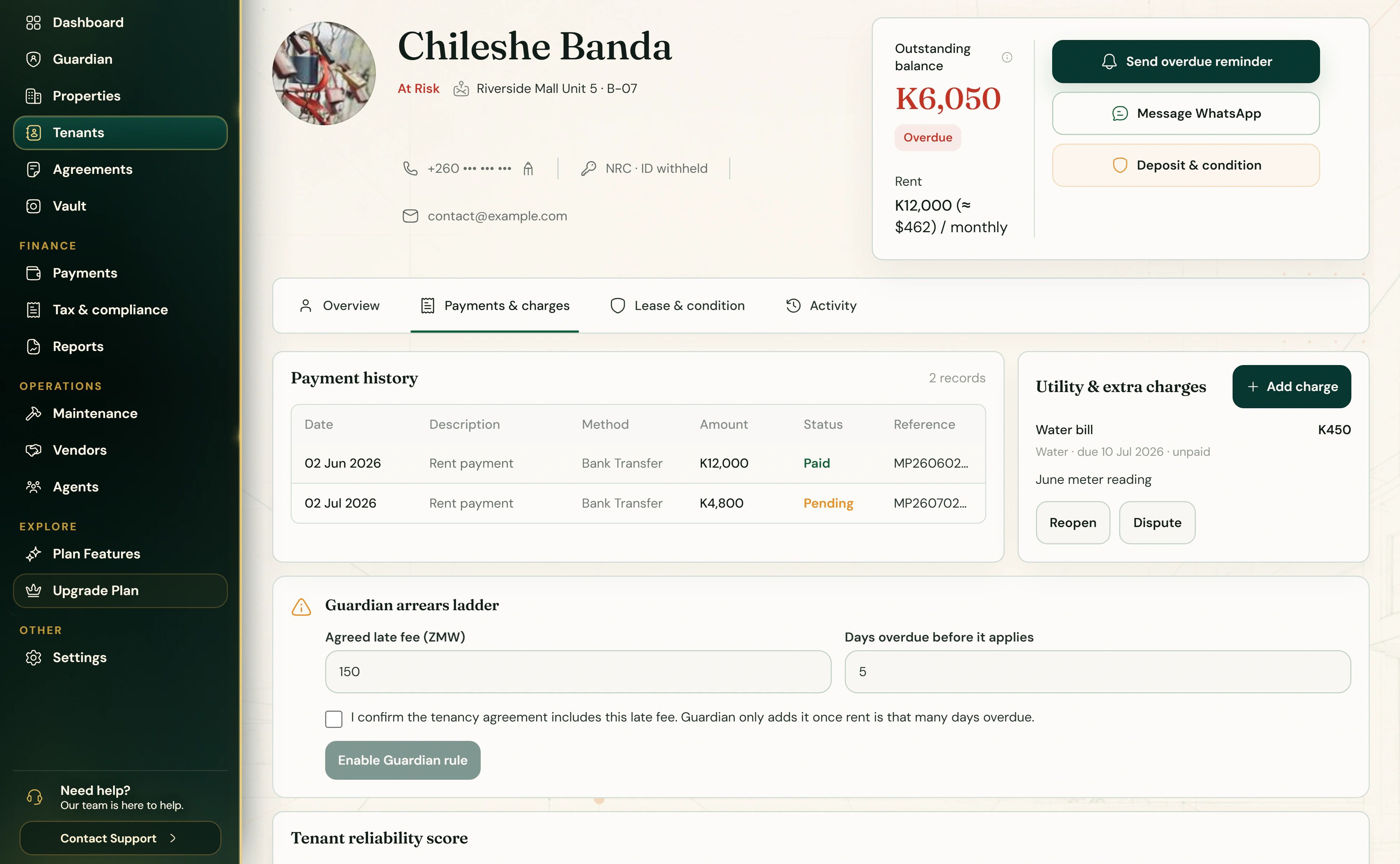 Chileshe Banda’s tenant record in Tezeka: an overdue balance, a K4,800 payment waiting for confirmation and the payment history. Demo data.