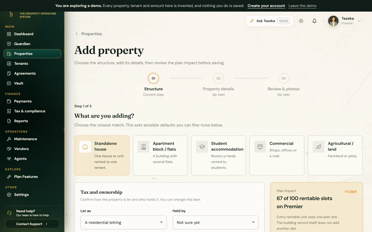 The Add property screen at the Structure step, with five structure choices.