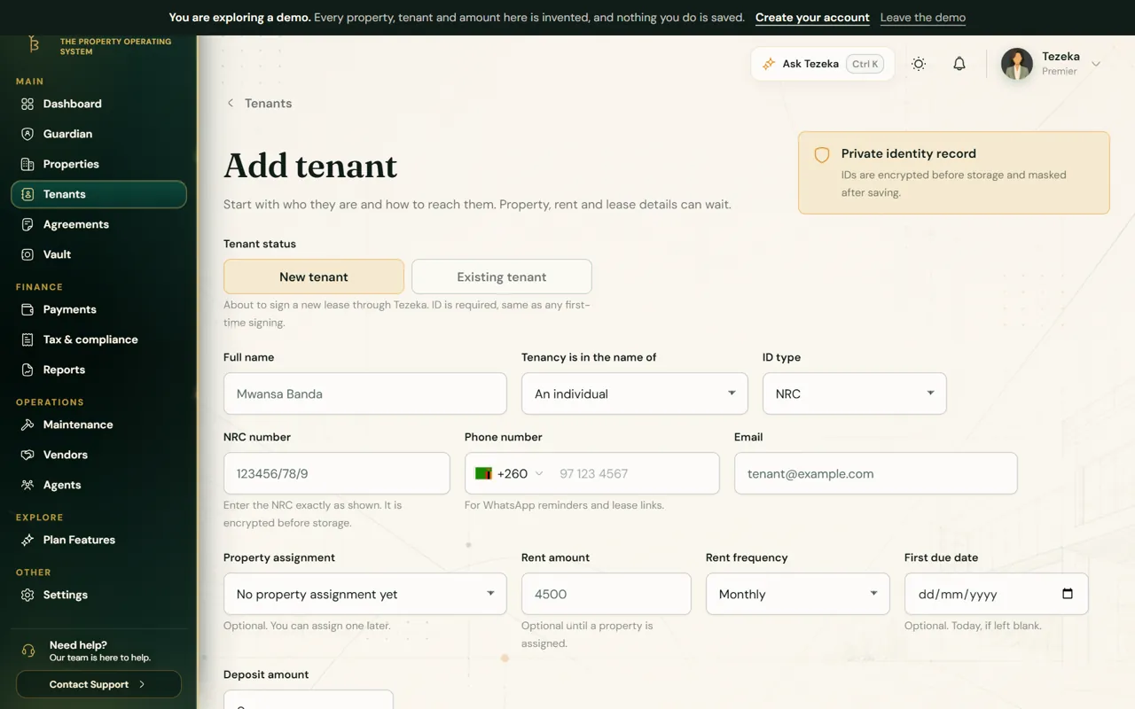 The Add tenant form with tenant status, name, ID, phone, rent and first due date fields.