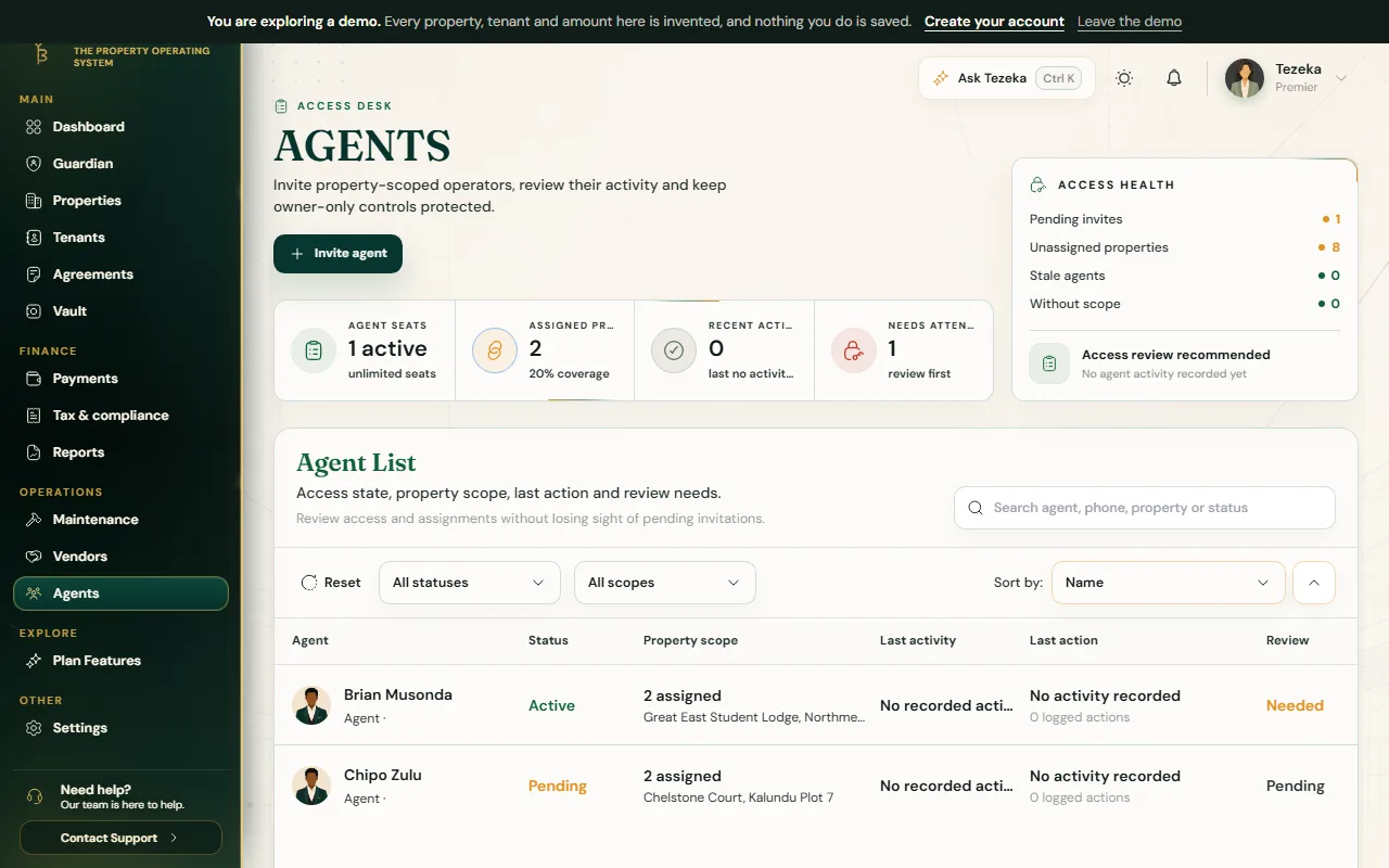 The Agents page with an Invite agent button, seat and coverage counts, and a list of agents with their property scope.
