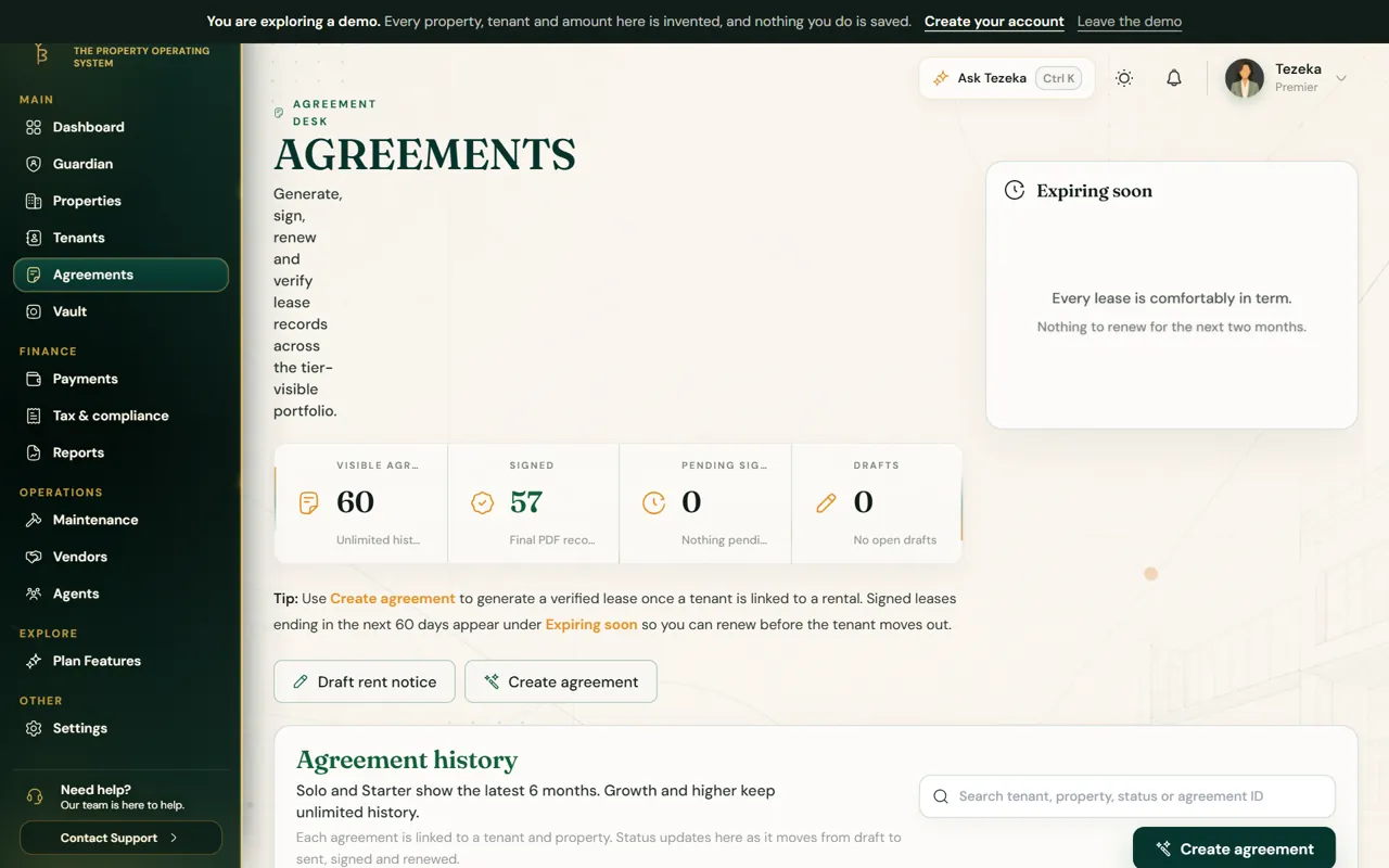 The Agreements page with counts of signed, pending and draft agreements.
