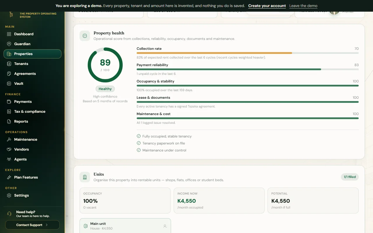 A property page with its health score and the Units panel showing occupancy, income now and potential.
