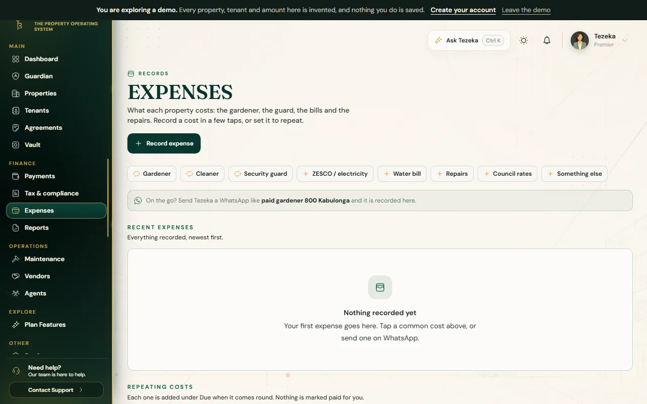 The Expenses page, with one-tap chips for common costs, costs that are due, recent expenses and repeating costs.