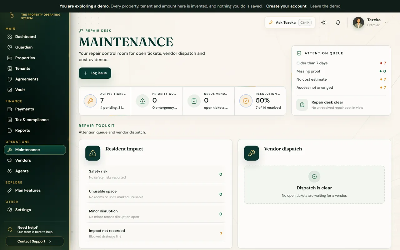The Maintenance page with active tickets, priority queue and vendor dispatch.
