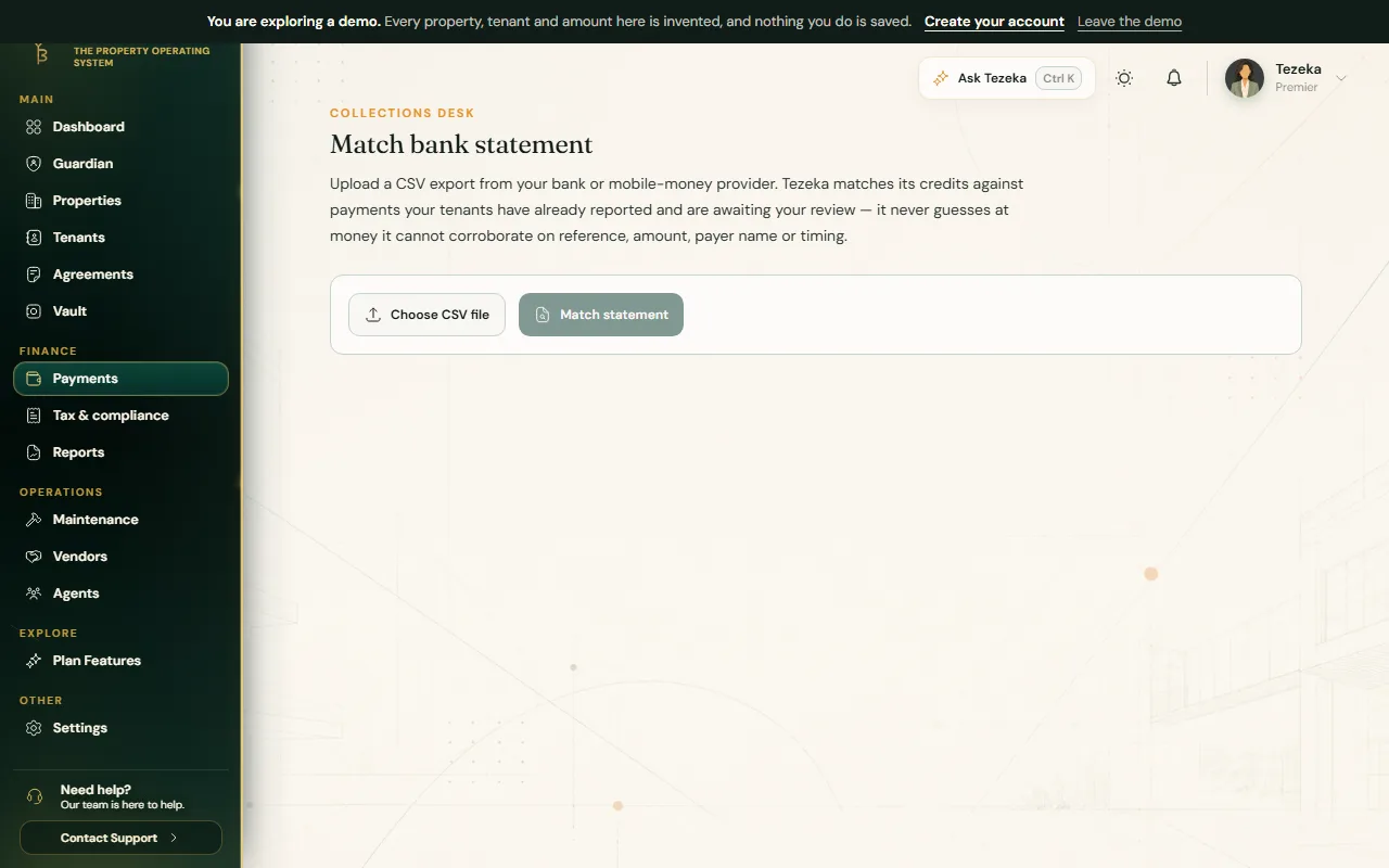 The Match bank statement page with Choose CSV file and Match statement buttons.