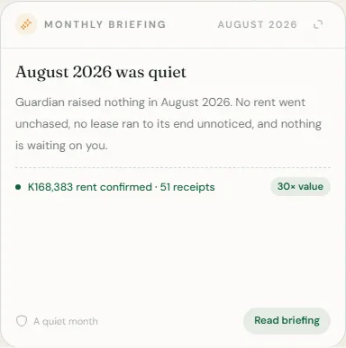 The Monthly briefing card on the dashboard, with the month's headline and a line showing rent confirmed, receipts and the value multiple.