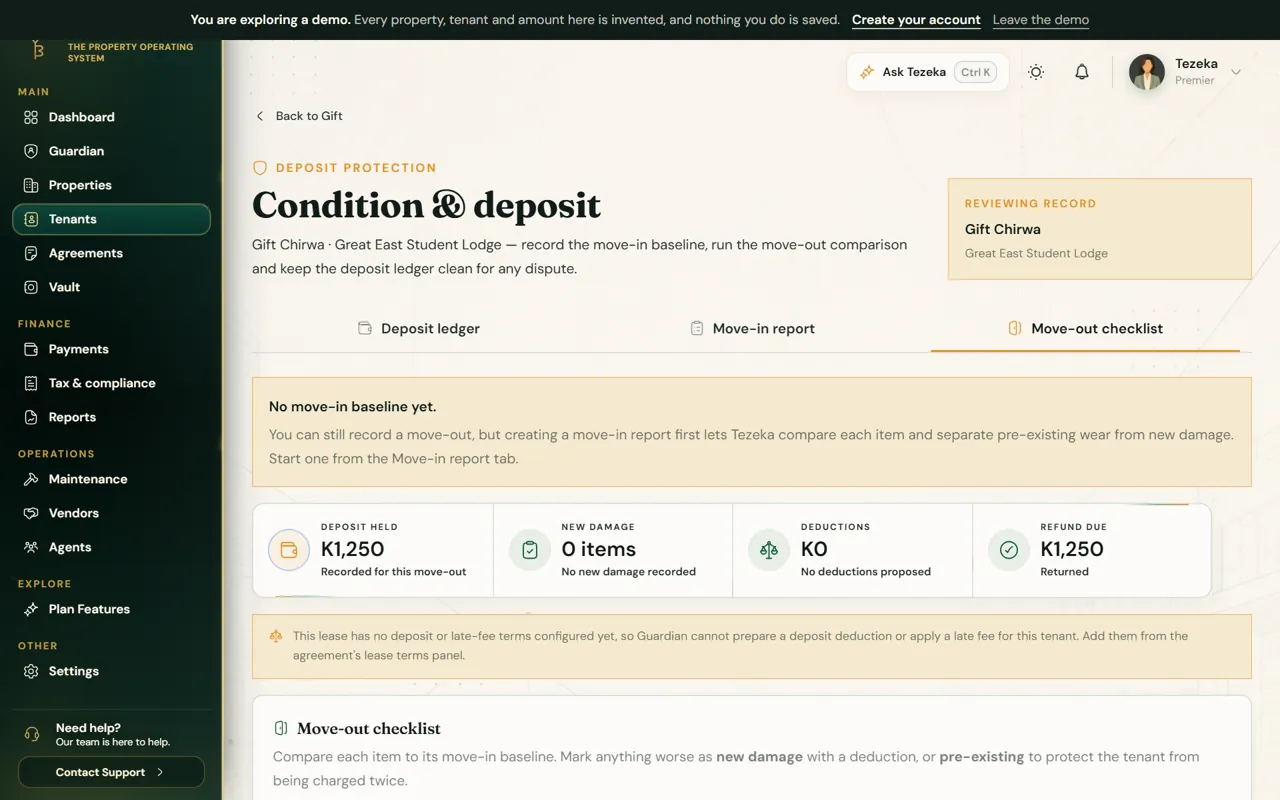The Condition and deposit page on the move-out checklist, showing deposit held, new damage, deductions and refund due.
