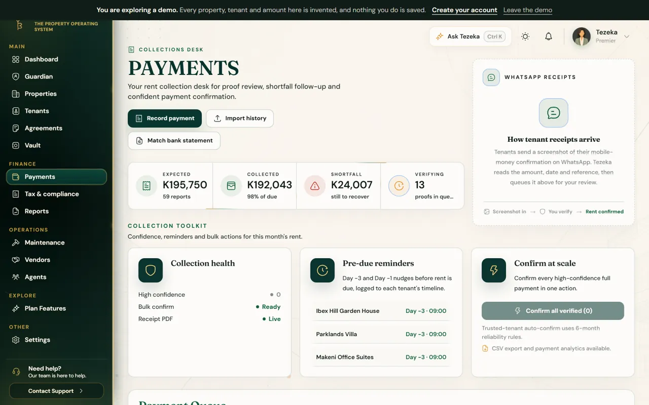 The Payments page showing expected, collected, shortfall and payments waiting to be verified.