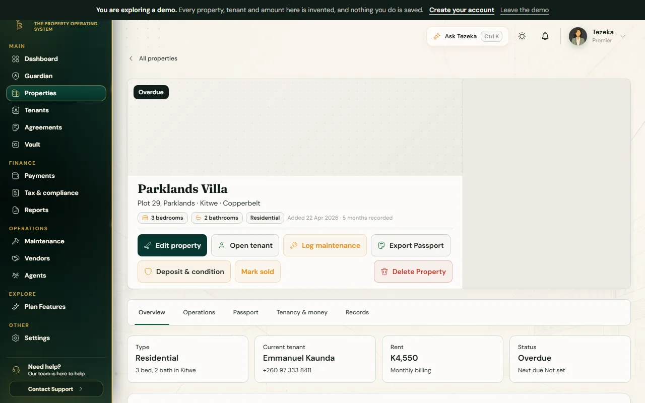 A property page with the Overview, Operations, Passport, Tenancy and money and Records tabs, and an Export Passport button.