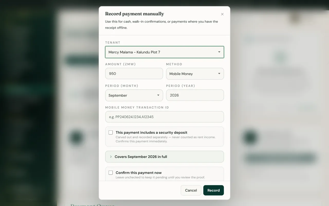 The Record payment dialog with tenant, amount, method, period and a preview of the months it covers.