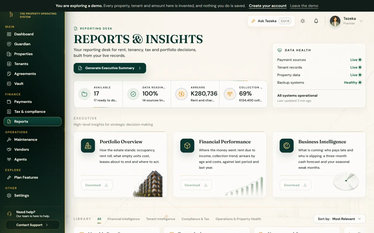 The Reports page with executive reports and data health.