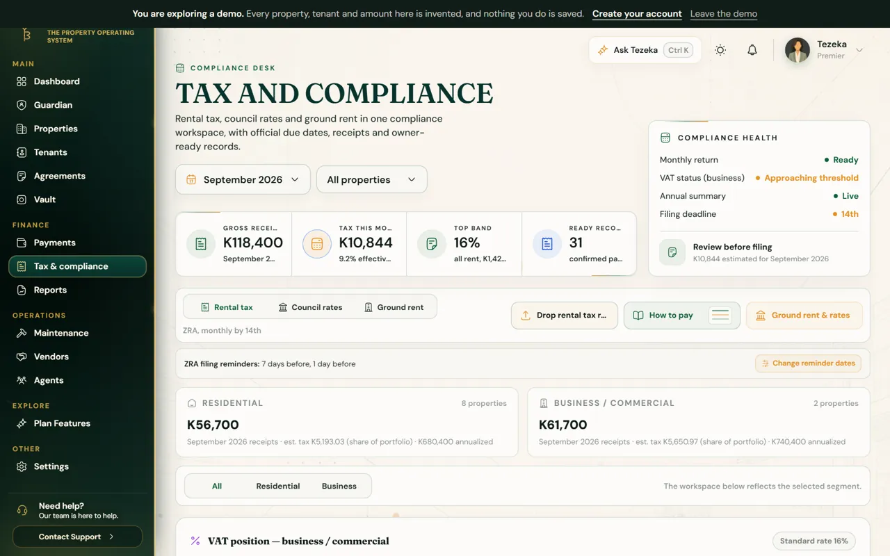 The Tax and compliance page with gross receipts, tax this month, top band and reminder dates.