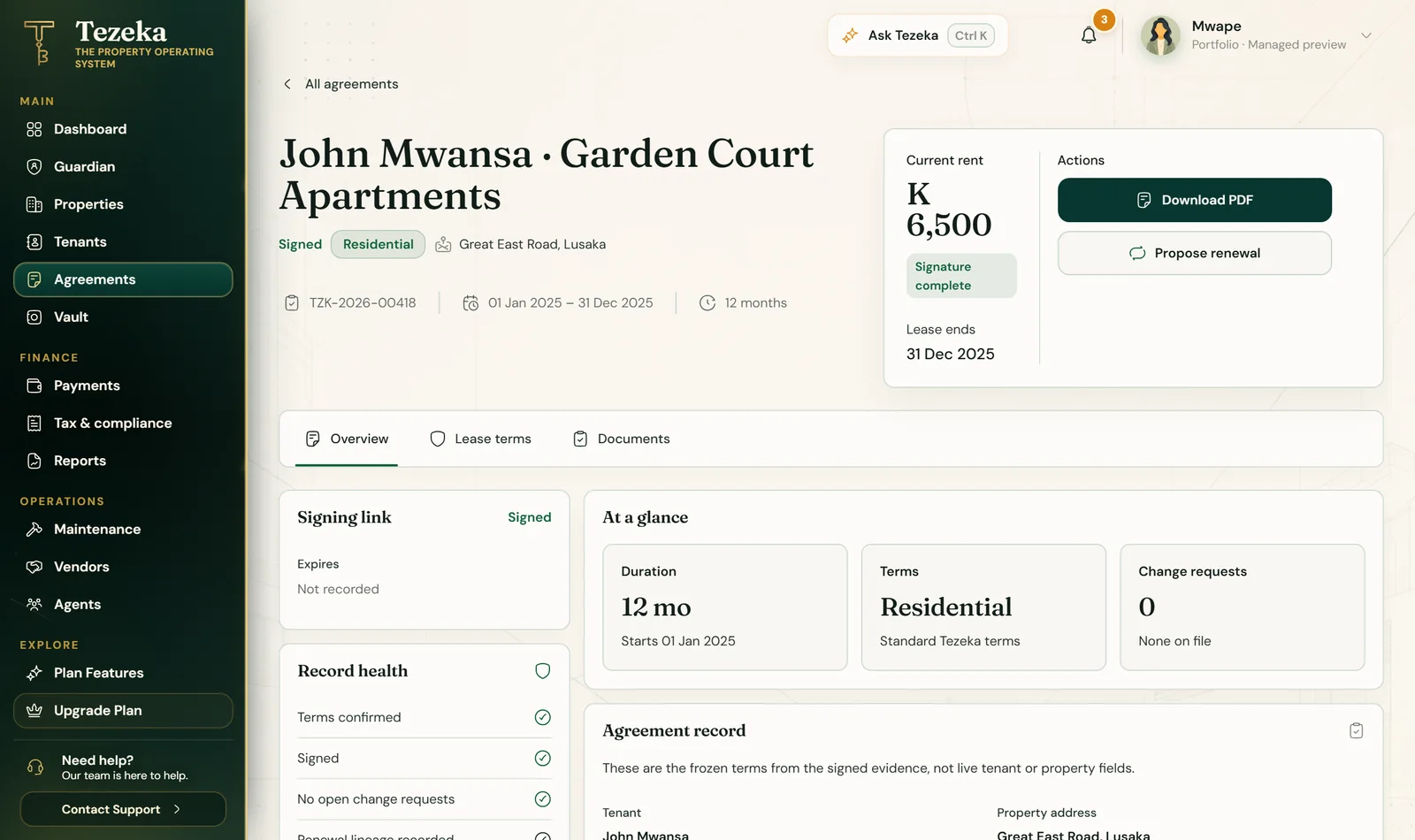 A signed agreement in Tezeka for Garden Court Apartments on Great East Road, Lusaka, with the current rent and the record’s health. Demo data.