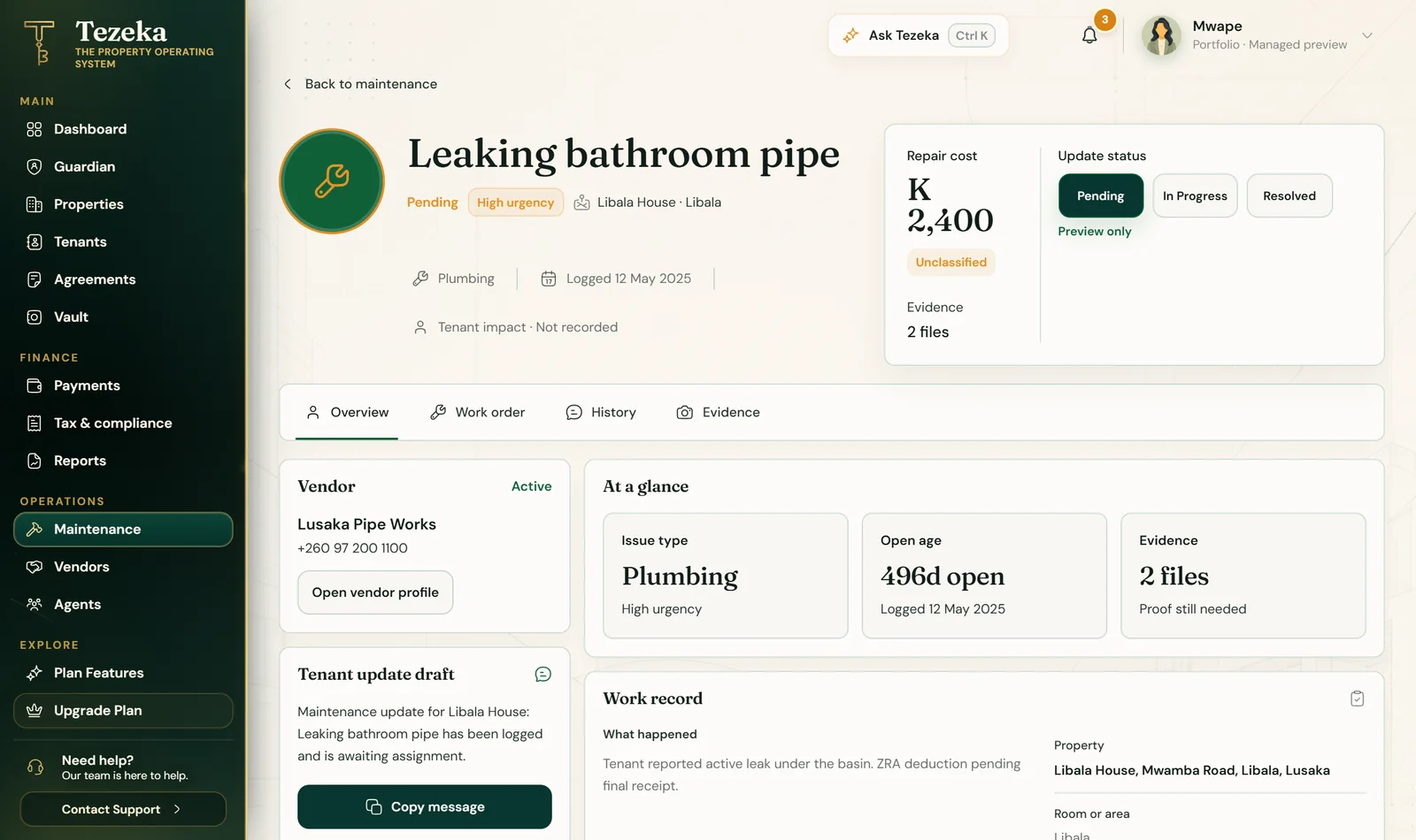A repair in Tezeka for a leaking bathroom pipe at Libala House, with the vendor Lusaka Pipe Works assigned and the repair cost recorded. Demo data.