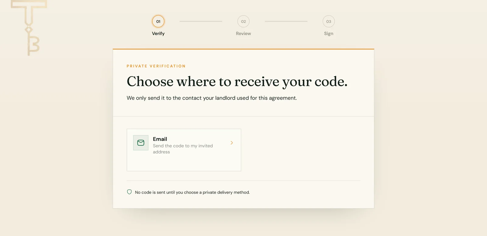 The tenant’s signing page in Tezeka, asking where to receive the verification code before the agreement opens. Demo data.