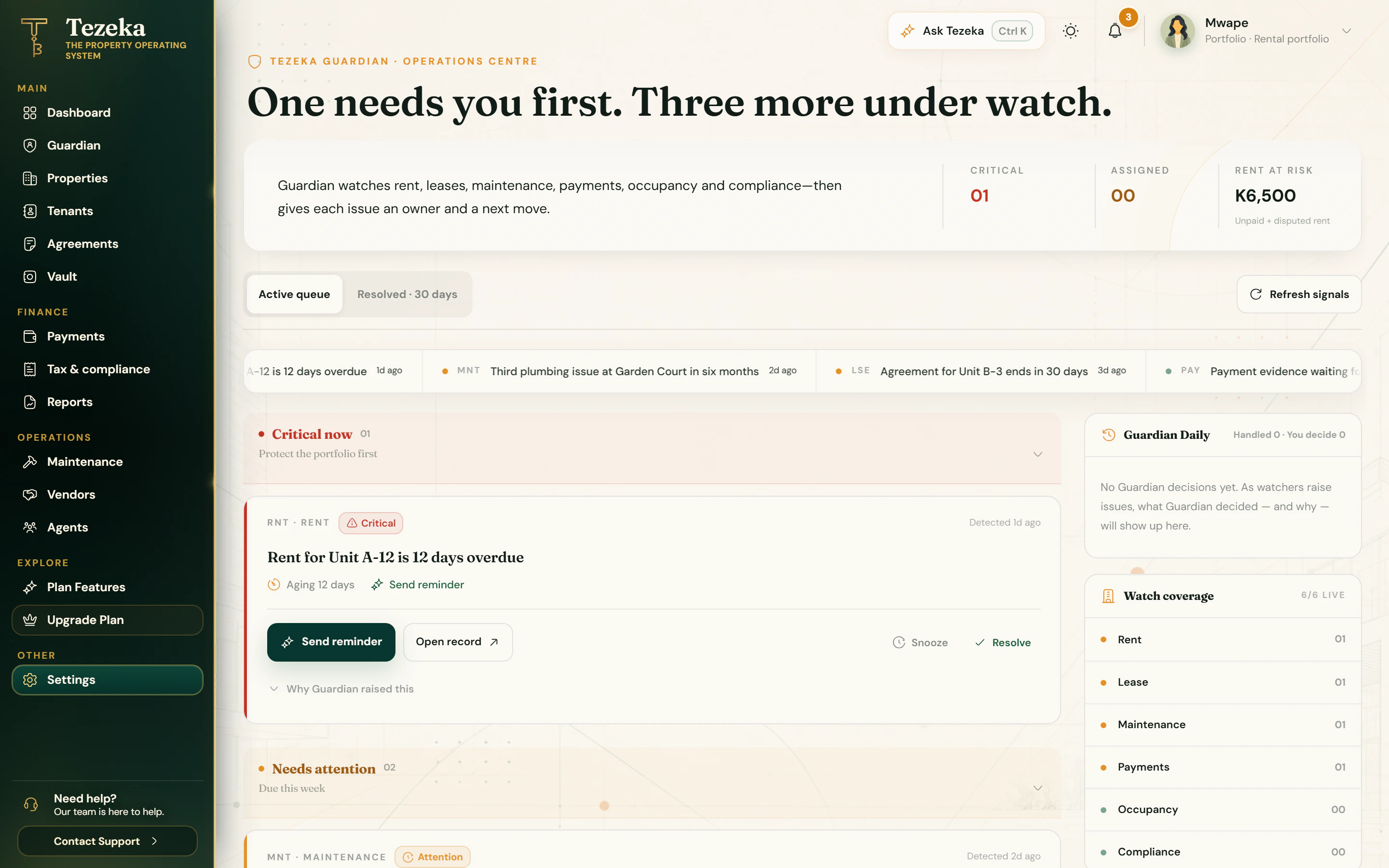 The Guardian queue in Tezeka: one critical rent issue and three more under watch. Demo data.
