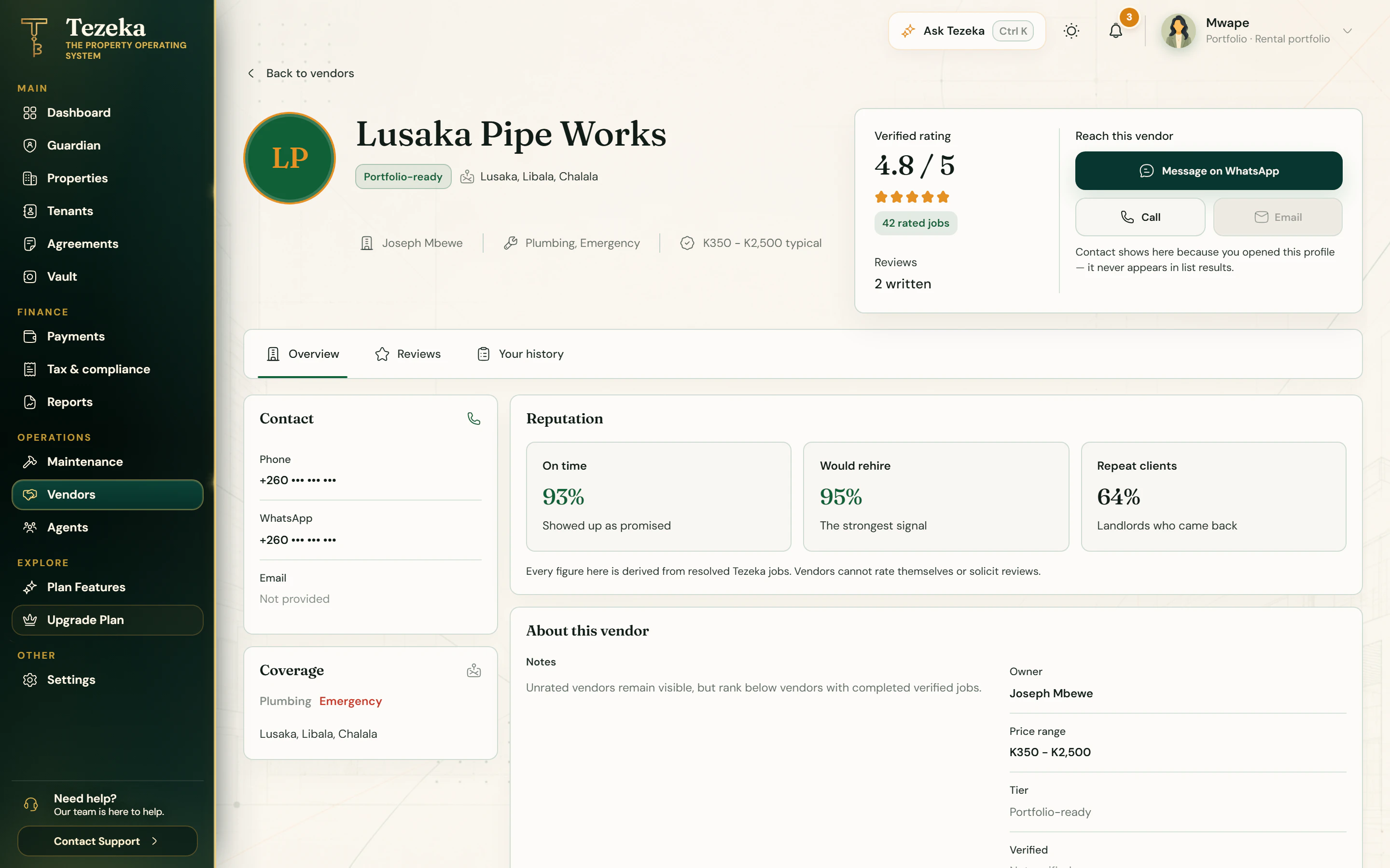 A vendor profile in Tezeka for Lusaka Pipe Works, with its earned tier and reputation. Demo data.