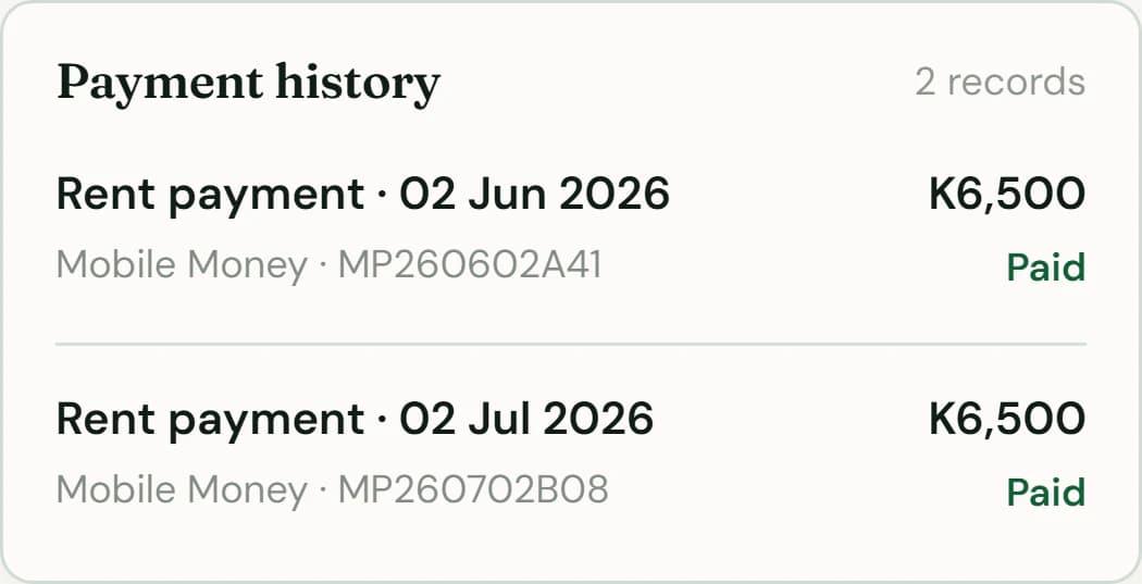 A tenant’s payment history in Tezeka, with rent paid by mobile money and each payment’s reference. Demo data.