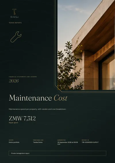 The cover of a Tezeka Maintenance Cost report. Demo data.