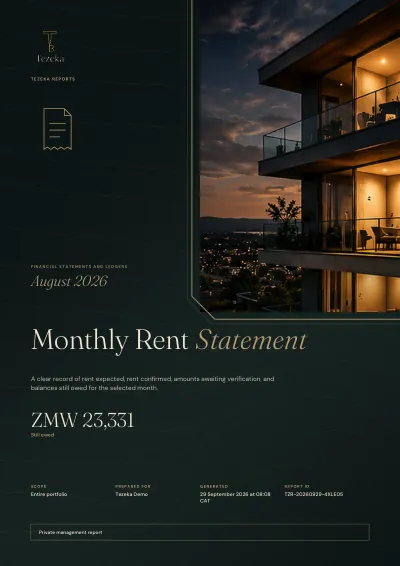 The cover of a Tezeka Monthly Rent Statement report. Demo data.