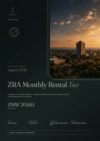 The cover of a Tezeka ZRA Monthly Rental Tax report. Demo data.